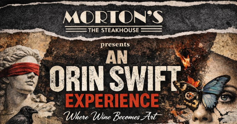 An Orin Swift Experience at Morton's The Steakhouse — promotional event flyer with distressed collage-style artwork featuring a blindfolded classical statue, a woman's face with a large butterfly
